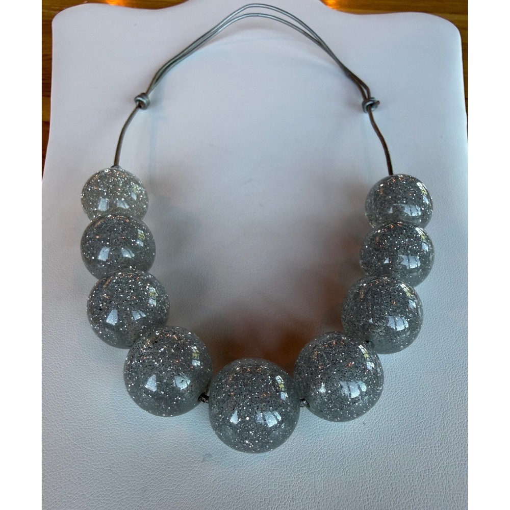 Silver Glitter Bubble Bead Statement Necklace Gray Resin Acrylic Chunky Adj Orb